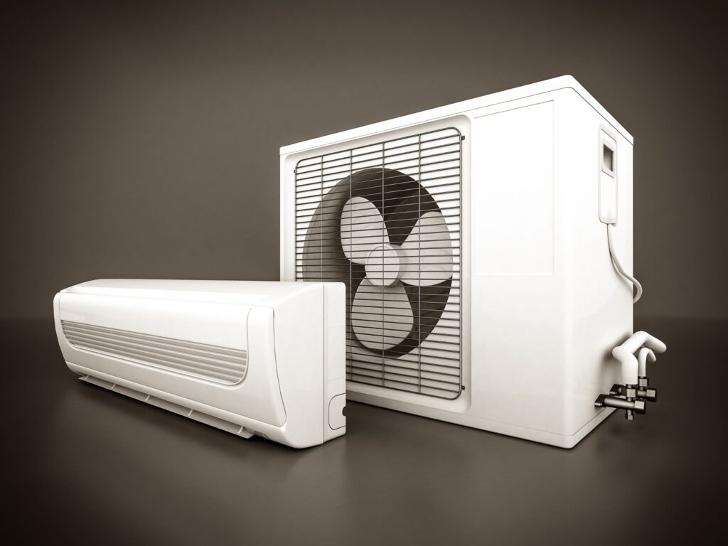 Indoor and outdoor components of a split air conditioning system.