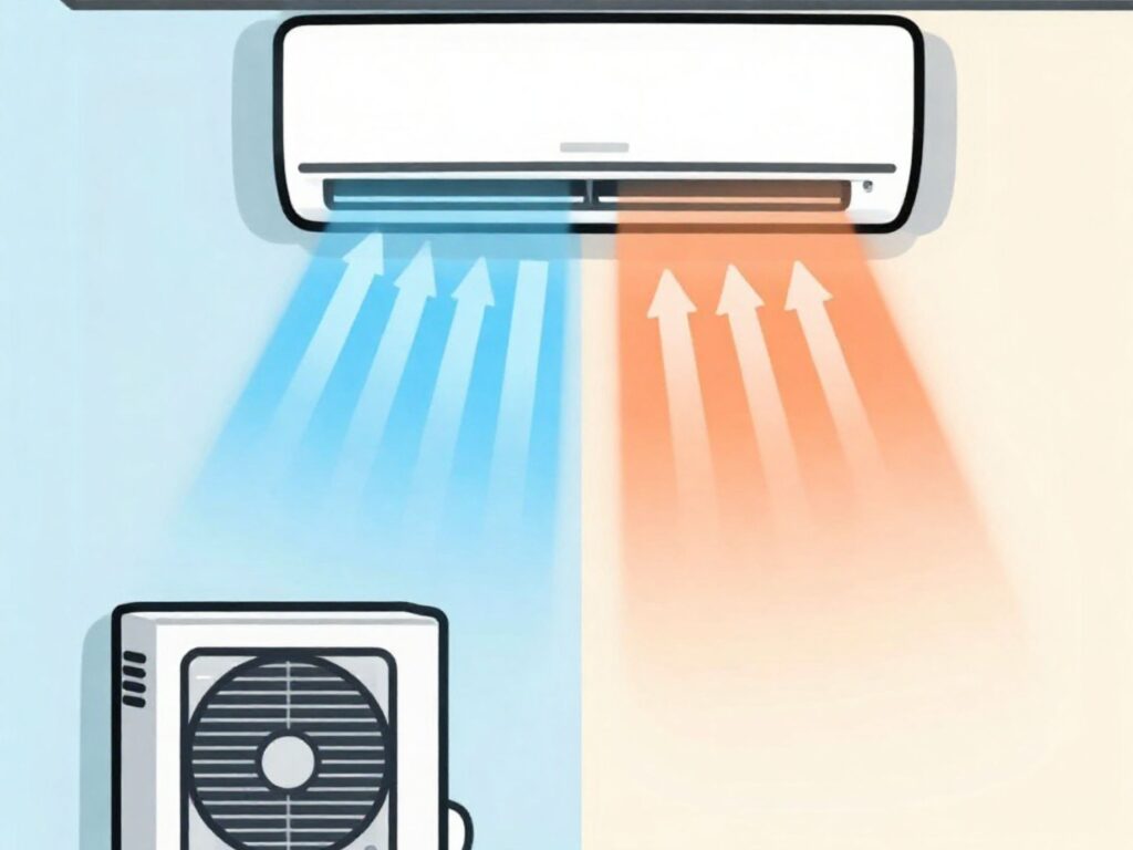 Diagram showing how a split AC moves cool and warm air.